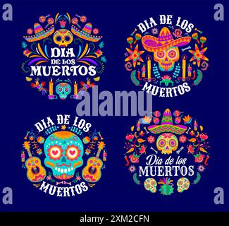 Jour mort fête mexicaine, dia de los Muertos emblèmes ronds. Marqueurs vectoriels isolés avec des crânes de sucre de calavera, des bougies allumées, des plantes de cactus et des flocons Illustration de Vecteur