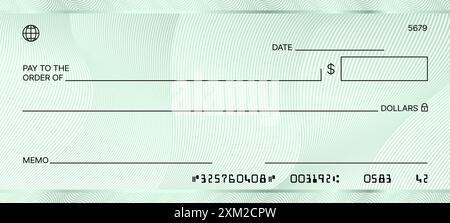 Chèque bancaire vert vierge. Modèle de chèque-chéquier. Document vectoriel avec espaces pour le bénéficiaire, la date, le montant en dollars, le mémo et la signature. L'analyse par éléments finis inférieure Illustration de Vecteur