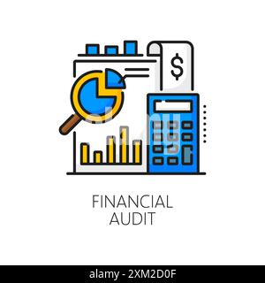 Icône de ligne de couleur d'audit financier, analyse, comptabilité, recettes fiscales et symbole de budget. Loupe, balance et calculatrice représentant le préc Illustration de Vecteur