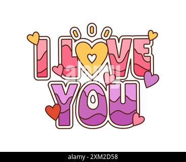 Dessin animé rétro groovy hippie i Love You citation ou phrase en caractères gras et colorés avec un motif rayé de teintes roses et violettes, et petite forme de coeur Illustration de Vecteur