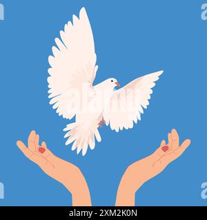 Mains avec colombe de paix dans un style plat. Vecteur. Un oiseau blanc s'envole des mains dans le ciel bleu. Le concept d'espoir, signe de liberté et d'inde Illustration de Vecteur