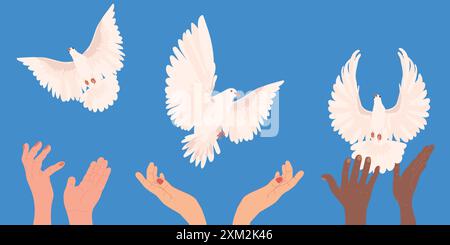 Mains avec colombe de paix dans un style plat. Vecteur. Un oiseau blanc s'envole des mains dans le ciel bleu. Le concept d'espoir, signe de liberté et d'inde Illustration de Vecteur
