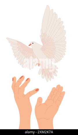 Mains avec colombe de paix dans un style plat. Vecteur. L'oiseau blanc s'envole. Le concept d'espoir, signe de liberté et d'indépendance, manifestation de t Illustration de Vecteur