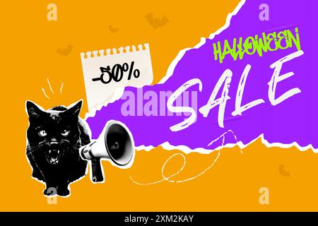 Bannière demi-teinte, collage pop rétro pour la vente d'Halloween. Chat noir et mégaphone. Illustration vectorielle. Illustration de Vecteur