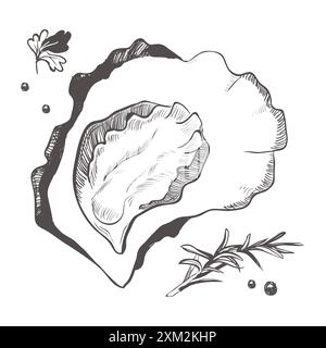 Mollusque avec épices et épices. Illustration en noir et blanc d'huître isolée sur fond blanc. Graphiques vectoriels de crustacés. Illustration de Vecteur