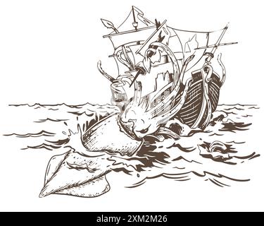 Le légendaire kraken attaque le vaisseau. Un énorme calmar traîne un voilier sous l'eau. Dessin monochrome. Illustration vectorielle dans le style de gravure. Comp Illustration de Vecteur