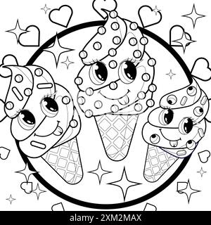 page ?oloring pour les enfants et les adultes. Livre à colorier sirène. Personnage mignon de crème glacée. Délicieux désert. Illustration vectorielle de contour de dessin animé. Enfants Banque D'Images