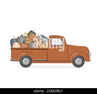 Pick-up de récolte avec courges peintes à motifs. Bannière de festival de citrouille d'automne. Voiture orange avec squash. Camionnette rouge. Illustration de Vecteur