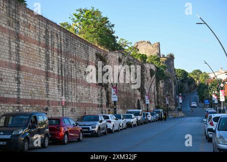 Istanbul. 24 juillet 2024. Cette photo prise le 24 juillet 2024 montre une vue des anciens murs d'Istanbul, T¨¹rkiye. Inscrits sur la liste du patrimoine culturel mondial, les anciens remparts d'Istanbul s'étendent de la mer de Marmara à la Corne d'Or. Crédit : Liu Lei/Xinhua/Alamy Live News Banque D'Images