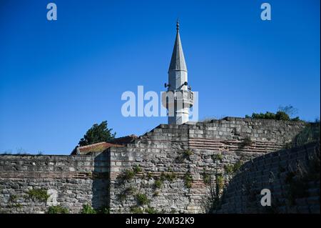 Istanbul. 24 juillet 2024. Cette photo prise le 24 juillet 2024 montre une vue des anciens murs d'Istanbul, T¨¹rkiye. Inscrits sur la liste du patrimoine culturel mondial, les anciens remparts d'Istanbul s'étendent de la mer de Marmara à la Corne d'Or. Crédit : Liu Lei/Xinhua/Alamy Live News Banque D'Images