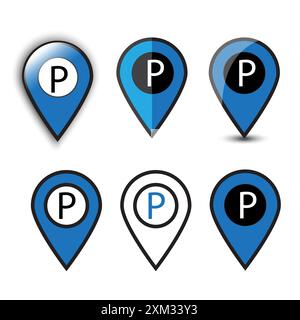 Icônes d'emplacement de stationnement. Marqueurs de carte bleus. Différents styles. Illustration vectorielle. Illustration de Vecteur