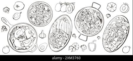 Salades dessinées à la main sur les plats. Illustration vectorielle avec vue de dessus de la nourriture. Alimentation saine. Collection de salades avec des croquis dessinés à la main pour le restaurant M. Illustration de Vecteur