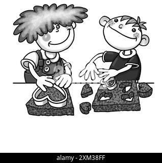 Art noir et blanc, enfants d'âge préscolaire cuisiner ensemble, apprendre à cuisiner, cuire avec des emporte-pièces en forme de cœur, pâte, cuisson, séquence de cuisine 1 sur 6 Banque D'Images