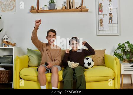 Deux garçons font la fête sur un canapé jaune. Banque D'Images