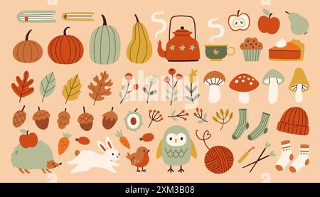 Ensemble confortable d'automne simple. Collection vectorielle dessinée à la main d'automne. Automne saison Cozy Elements clipart bundle isolé Illustration de Vecteur