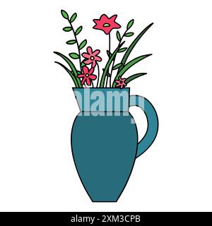 Beau pot de fleurs avec de petites fleurs sauvages roses et diverses formes de feuilles vertes dans une grande cruche avec un manche turquoise Illustration de Vecteur