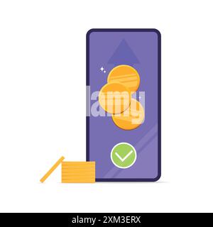 Transfert d'argent en ligne. Envoi d'argent en ligne depuis un téléphone portable vers une carte bancaire. Paiement mobile, transactions en ligne, cashback. Illustration vectorielle Illustration de Vecteur