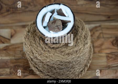 Pulpe séchée de coprah et cordes fabriquées à partir de fibres de la noix de coco Cocos nucifera Banque D'Images