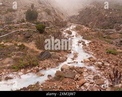 Une rivière avec un écoulement blanc traverse une zone rocheuse. Les roches sont dispersées dans toute la région, et l'eau est claire. La scène est paisible et se Banque D'Images