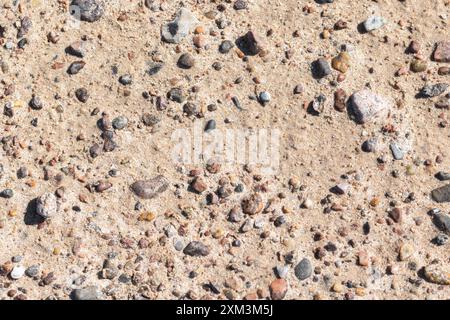 Les petites pierres sont dans le sable humide sur la rive de la mer Baltique, vue de dessus, texture de photo de fond naturelle Banque D'Images