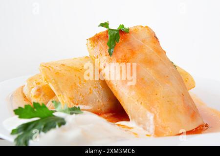 Rouleaux de chou remplis de boeuf et de légumes sur assiette blanche avec du persil et de la crème sure, plat traditionnel fait maison recette Banque D'Images