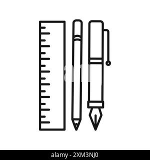 Règle, crayon et icône de stylo vecteur d'art de ligne noir dans le signe de collection d'ensemble de contour noir et blanc Illustration de Vecteur