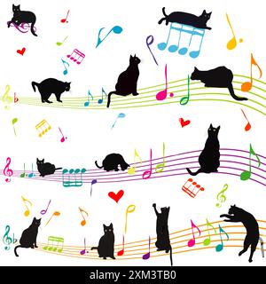 Portable musical avec notes musicales et silhouettes de chats Illustration de Vecteur