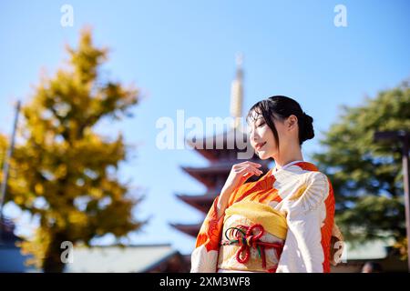 Femme asiatique dans le kimono japonais traditionnel Banque D'Images