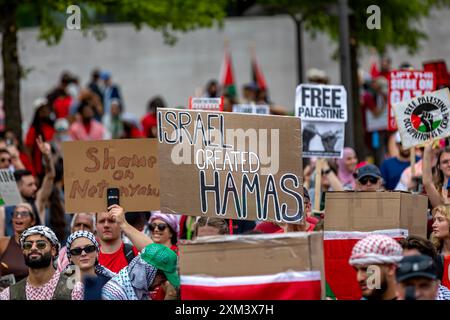 Washington DC, États-Unis. 19 juillet 2024. WASHINGTON, DC - 24 JUILLET : un activiste tient une pancarte qui lit "Israël a créé le Hamas" lors d'une manifestation pro-palestinienne près du Capitole américain le 24 juillet 2024 à Washington, DC. les activistes ont organisé plusieurs manifestations en réponse à la visite du premier ministre israélien Benjamin Netanyahu au Capitole américain et pour protester contre la guerre Hamas-Israël. (Photo de Michael Nigro/Sipa USA) crédit : Sipa USA/Alamy Live News Banque D'Images