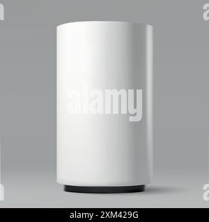 Présentoir cylindrique blanc avec une base noire, placé sur un fond gris neutre. Illustration de Vecteur