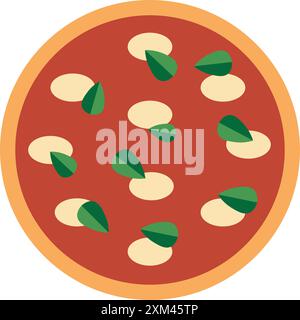 Pizza margherita dessin dans un style plat, pizza ronde avec sauce tomate, fromage mozzarella et feuilles de basilic en vue de dessus Illustration de Vecteur