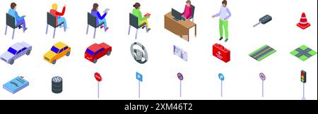 Icônes des cours de conduite en école. Éléments d'auto-école avec les élèves apprenant les règles de la route et instructeur expliquant le code de la route Illustration de Vecteur