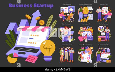Business Startup Set. Illustration des étapes de l’entrepreneuriat, de l’idée au commerce électronique. Travail d'équipe, pitch, branding, lancement et marketing. Illustration vectorielle. Illustration de Vecteur
