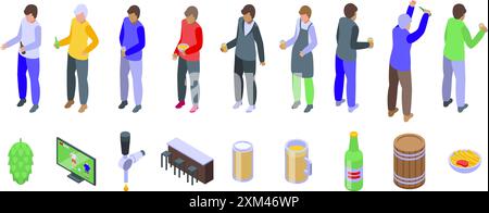 Icônes de bar à bière homme définies. Ensemble d'icônes isométriques de personnes buvant de la bière, regardant un match de football et mangeant des collations au bar Illustration de Vecteur