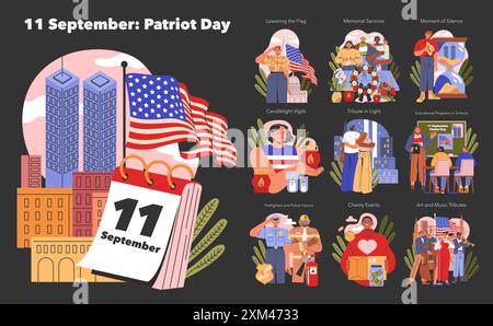 Set Patriot Day. Commémorer 9 11 par des cérémonies, des veillées et des hommages. Reflétant l'unité, l'honneur et la mémoire en Amérique. Illustration vectorielle. Illustration de Vecteur