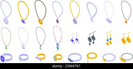 Ensemble d'icônes de bijoux de sorcière. Grand ensemble de bijoux avec des pierres précieuses attend ses clients dans la bijouterie Illustration de Vecteur