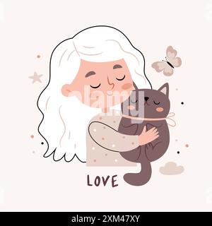 Une fille serre un chat dans ses bras. Texte amour. Jolis dessins animés Bohemian Scandi Nursery posters dans des couleurs beige et grise. Imprimé vectoriel bohémien Illustration de Vecteur