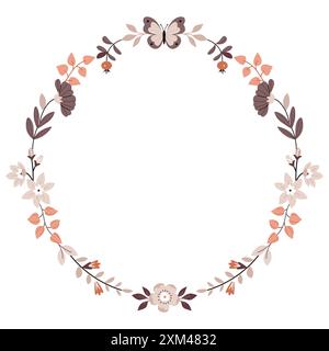 Cadre floral rond avec papillons. Jolis dessins animés Bohemian Scandi Nursery posters dans des couleurs beige et grise. Imprimé vectoriel bohémien Illustration de Vecteur