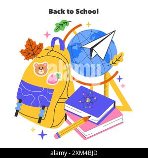 Concept de rentrée scolaire. Une illustration colorée avec des essentiels éducatifs comme un sac à dos et un globe, favorisant l'aventure académique. Illustration vectorielle. Illustration de Vecteur