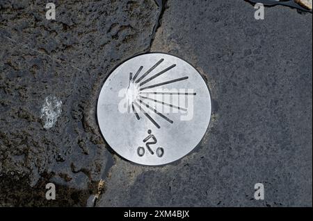 Pampelune, Espagne- 19 mai 2024 : le marqueur de la piste cyclable Camino dans la rue de Pampelune Banque D'Images