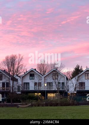 Rangée de charmantes maisons à l'architecture moderne au coucher du soleil, avec des toits à pignons et de grandes fenêtres, dans un ciel serein nocturne dans une zone de banlieue. Banque D'Images