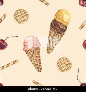 Cônes de crème glacée, gaufres et cerises motif aquarelle sans couture. Clipart fantaisiste peint à la main pour textiles, papier peint, emballage. Tissu de thème dessert sucré pour la décoration d'été et scrapbooking Banque D'Images