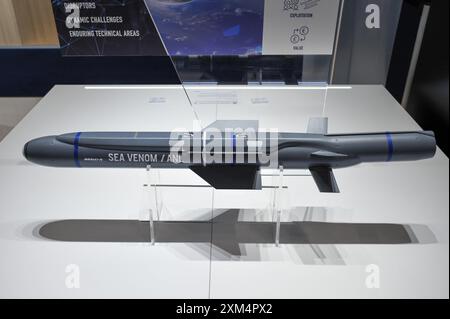 Le salon de l'aéronautique biennal, qui se déroule du 22-26 au 30 juillet, est une vitrine pour les principaux innovateurs et les secteurs mondiaux de l'aérospatiale, de l'aviation civile et de la défense. Il est le plus grand de son genre et attire des acheteurs civils et militaires du monde entier. Info image : un missile anti-navire léger MBDA Sea Venom ANL (anti-navire léger) exposé dans les pavillons commerciaux. La FIA dispose de 100 000 m2 d'espace d'exposition avec 1500 exposants en plus d'une exposition d'avions statiques et volants avec 87 avions. Environ 80 000 personnes visitent et le spectacle voit normalement 192 milliards de dollars de commandes annoncées. Banque D'Images
