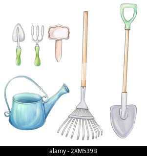 Outils de jardin aquarelle clipart. Ensemble d'inventaire pour jardinier. Art printanier pour les dessins imprimés et de tissu Banque D'Images