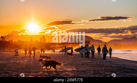 Chiens, surfeurs et amateurs de plage silhouettés au coucher du soleil sur la plage de Byron Bay, Nouvelle-Galles du Sud, Australie. Banque D'Images