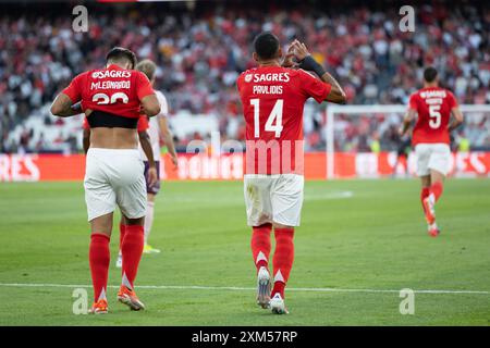 25 juillet 2024. Lisbonne, Portugal. L'attaquant brésilien de Benfica Marcos Leonardo (36) et l'attaquant grec de Benfica Vangelis Pavlidis (14) célébrant après avoir marqué un but lors du match amical entre SL Benfica vs Brentford FC crédit : Alexandre de Sousa/Alamy Live News Banque D'Images