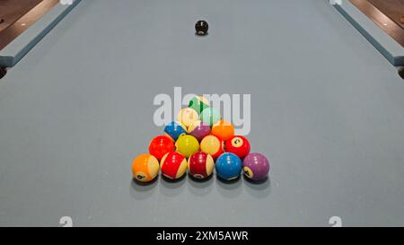 Gros plan de boules de billard en forme de triangle. C'est 8 Ball Pool sport, avant le coup d'envoi Banque D'Images