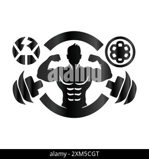 Ensemble de vecteurs de sport de fitness et de logos de gym isolé avec des haltères barbells. kettlebells et corps musculaire silhouettes et mains de l'homme, athlétisme Illustration de Vecteur