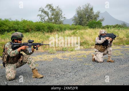 Honolulu, Hawaï, États-Unis. 25 juillet 2024. Un Infantryman de la Marine américaine et de la Marine péruvienne lors d'un exercice conjoint sécurisant un périmètre d'insertion à la base aérienne de Bellows. RIMPAC 2024 (crédit image : © J. Matt/ZUMA Press Wire) USAGE ÉDITORIAL SEULEMENT! Non destiné à UN USAGE commercial ! Banque D'Images