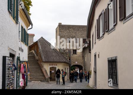 Wachau, Autriche - 26 octobre 2023 : Une rue étroite à Wachau, Autriche avec une arche en pierre et un groupe de personnes marchant. Les bâtiments sont vieux et Banque D'Images